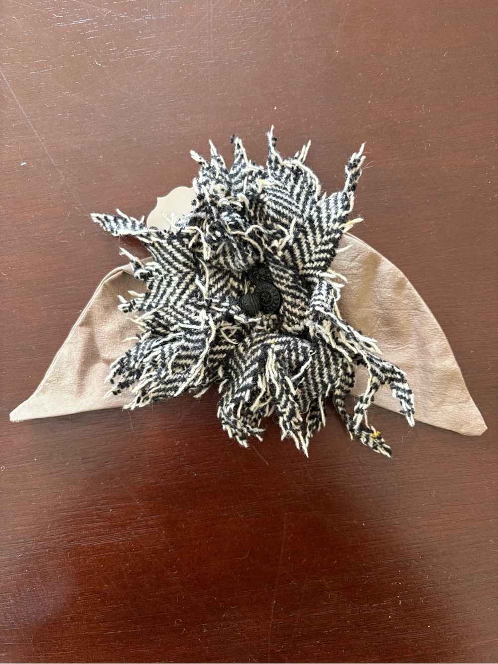 Fringed Tweed Flower Brooch in Black & Cream with Taupe Leaves